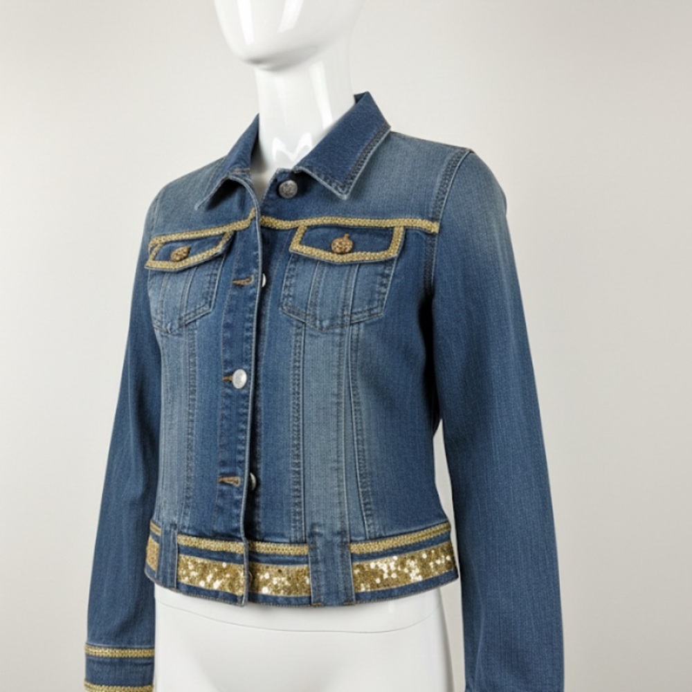 Destiny Denim Jacket M – Gold Trim & Sequins